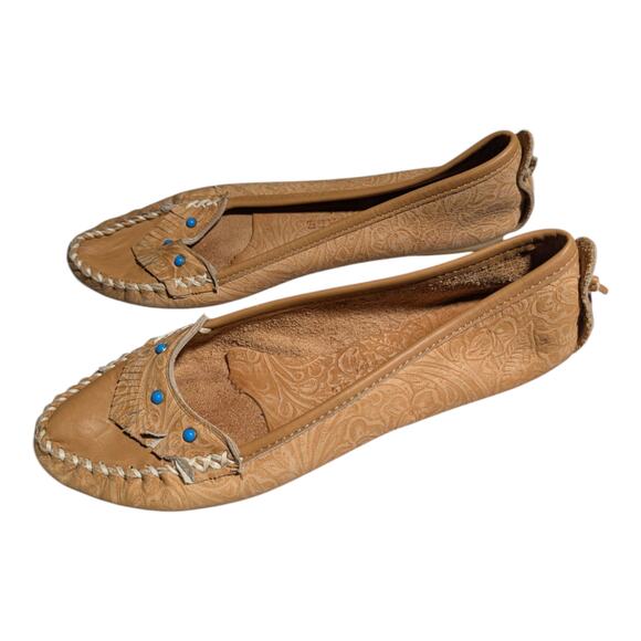 Vtg 1970s Cherokee Tan Tooled Leather Turquoise Studded Moccasin Flats Sz 8.5 - Picture 6 of 6